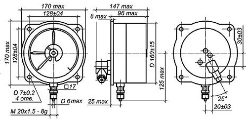 Чертеж манометра электроконтактного ДМ2005Сг (радиальное присоединение штуцера с задним фланцем)